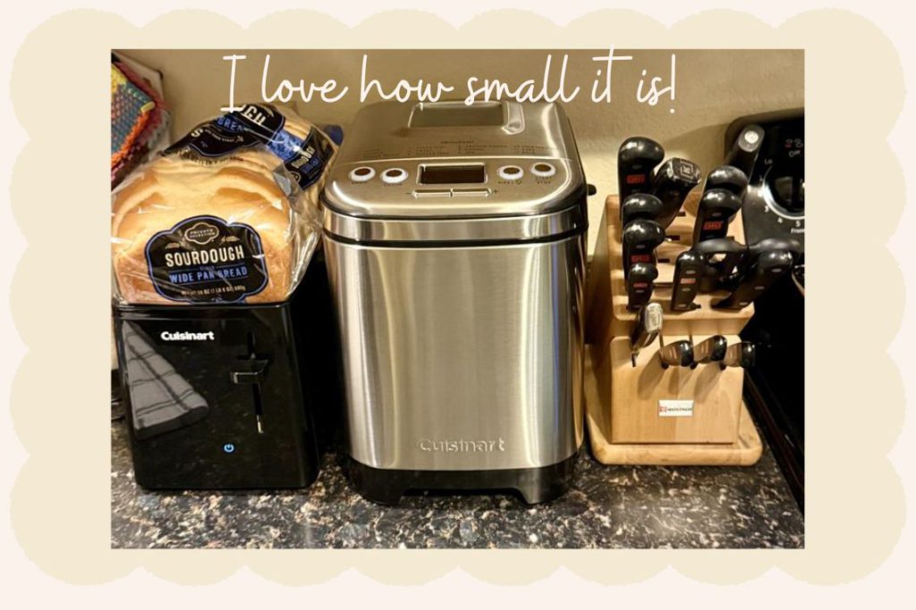 Compact Cuisinart CBK-110 bread maker on a small kitchen counter—perfect for limited space.